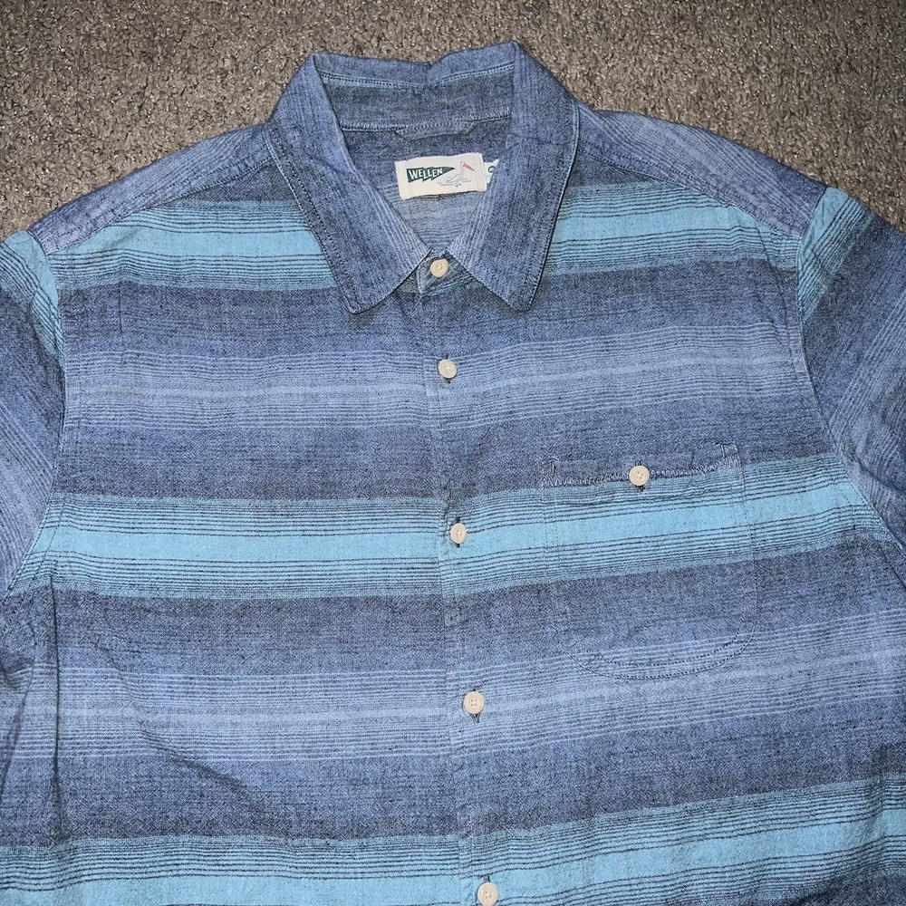 Wellen Shirt Short Sleeve Mens Medium Blue White Striped Button Up Linen/Cotton